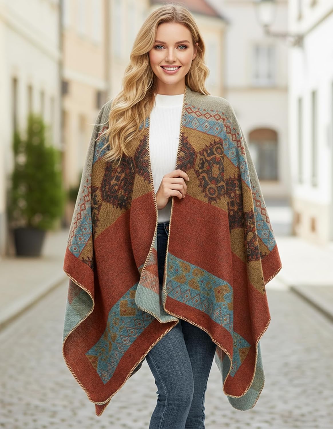 Women's Shawl Wraps Open Front Poncho Cape Oversized Sweaters Casual Cardigan Shawls for Fall Winter - Image 2