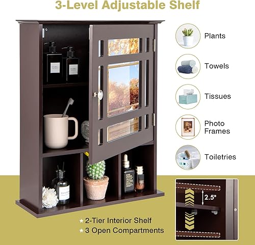 Vista 4 de GOFLAME Botiquín de baño con espejo, organizador de almacenamiento colgante montado en la pared con estante ajustable, gabinete de almacenamiento