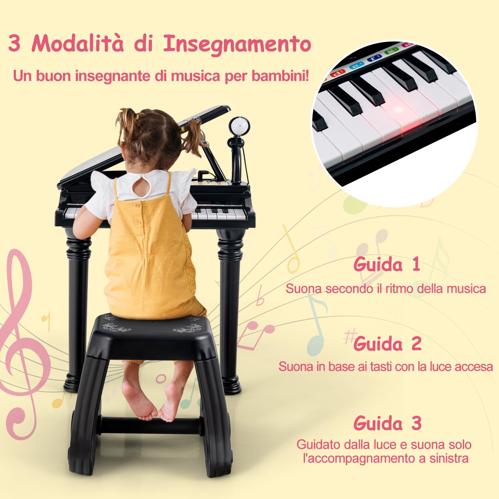 RELAX4LIFE Pianoforte per Bambini con 31 Tasti e Sgabello, Tastiera Pianoforte Elettronico con Microfono Regolabile, Giocattolo Musicale Regalo per Bambini 3+ Anni (Nero)