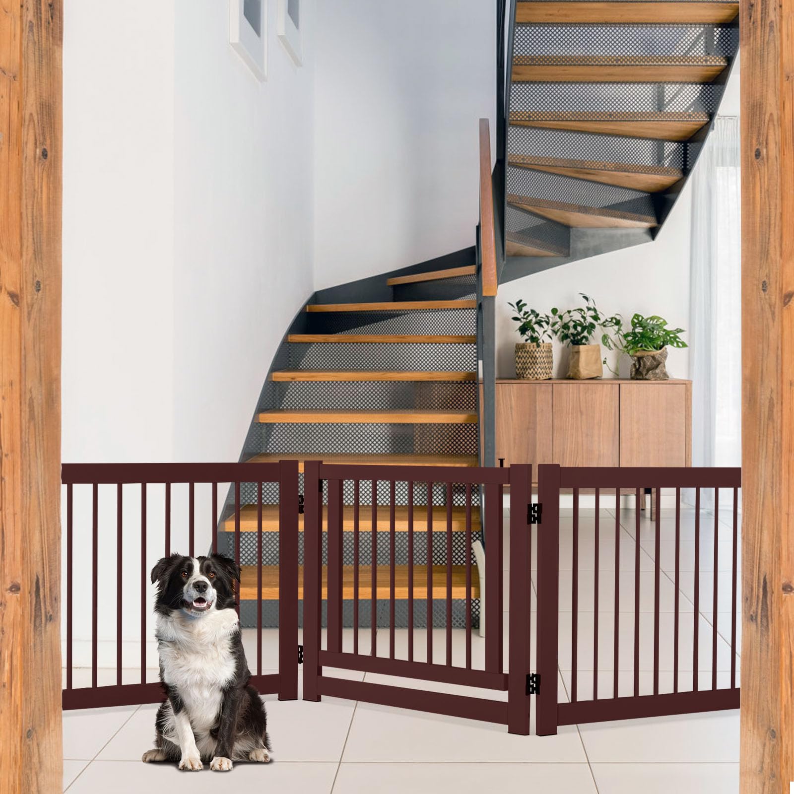 SOARS Cancelletto per Cani Pieghevoli 210 x 61 cm, Barriera per Cani in Legno a 3 Pannelli con Porta a Serratura, Recinzione per Scale, Ingressi e Corridoi (Marrone)