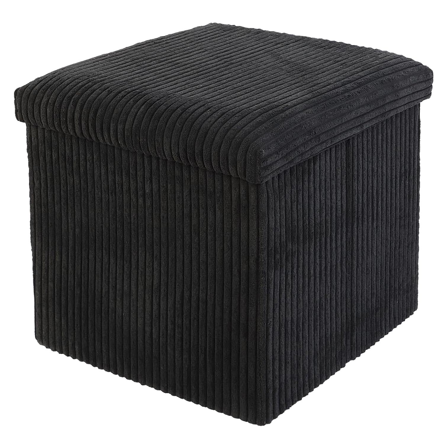 DANIEL JAMES Housewares Folding Ottoman Storage Cube – Compact Padded Footstool Storage Box Chest With Lid For Bedroom, Hallway, Living Room - Corduroy: Black