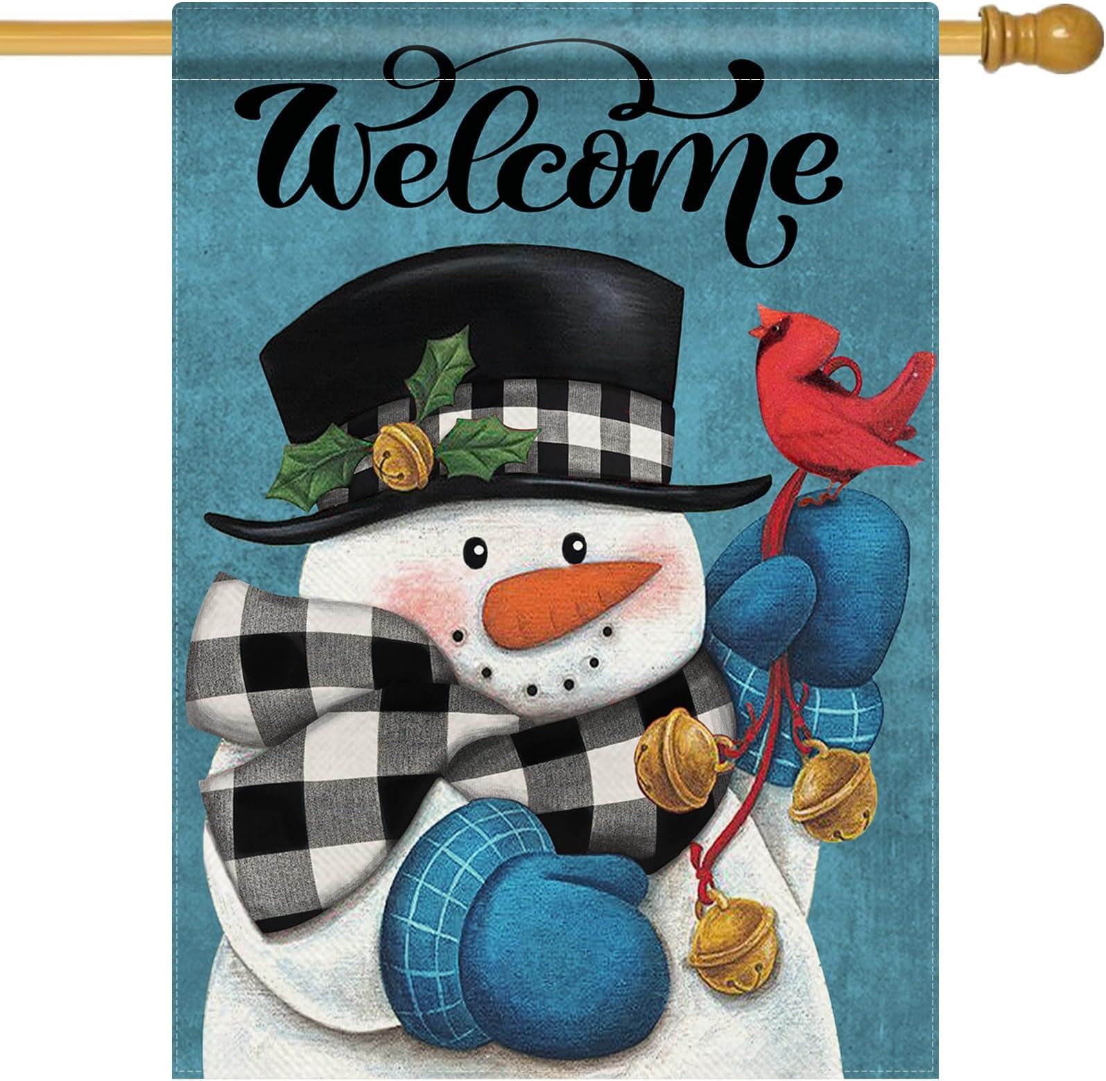 Covido Welcome Winter Snowman Blue Decorative House Flag, Cardinal Red Bird Buffalo Plaid Check Garden Yard Outside Decorations, Christmas Holiday Burlap Outdoor Large Home Decor Double Sided 28 x 40