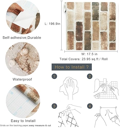 Miniatura 9 de Timeet Papel tapiz vintage de ladrillo para despegar y pegar para dormitorio, 17.5 x 197 pulgadas, papel tapiz de piedra marrón, autoadhesivo,