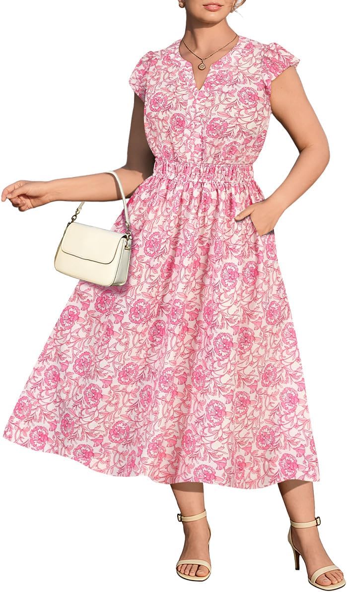 RITERA Plus Size Dresses for Women Ruffle Cap Sleeve V Neck Floral Dresses with Pockets Summer Casual Vacation Work XL-5XL