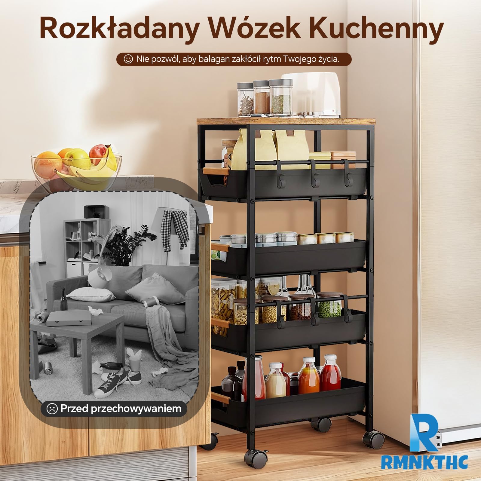 Wózek kuchenny z 5 poziomami i 4 szufladami, kółka 360° z 2 hamulcami, z drewnianą płytą i wentylowanymi koszami, do przechowywania owoców, warzyw, kuchenki mikrofalowej w kuchni i salonie (32
