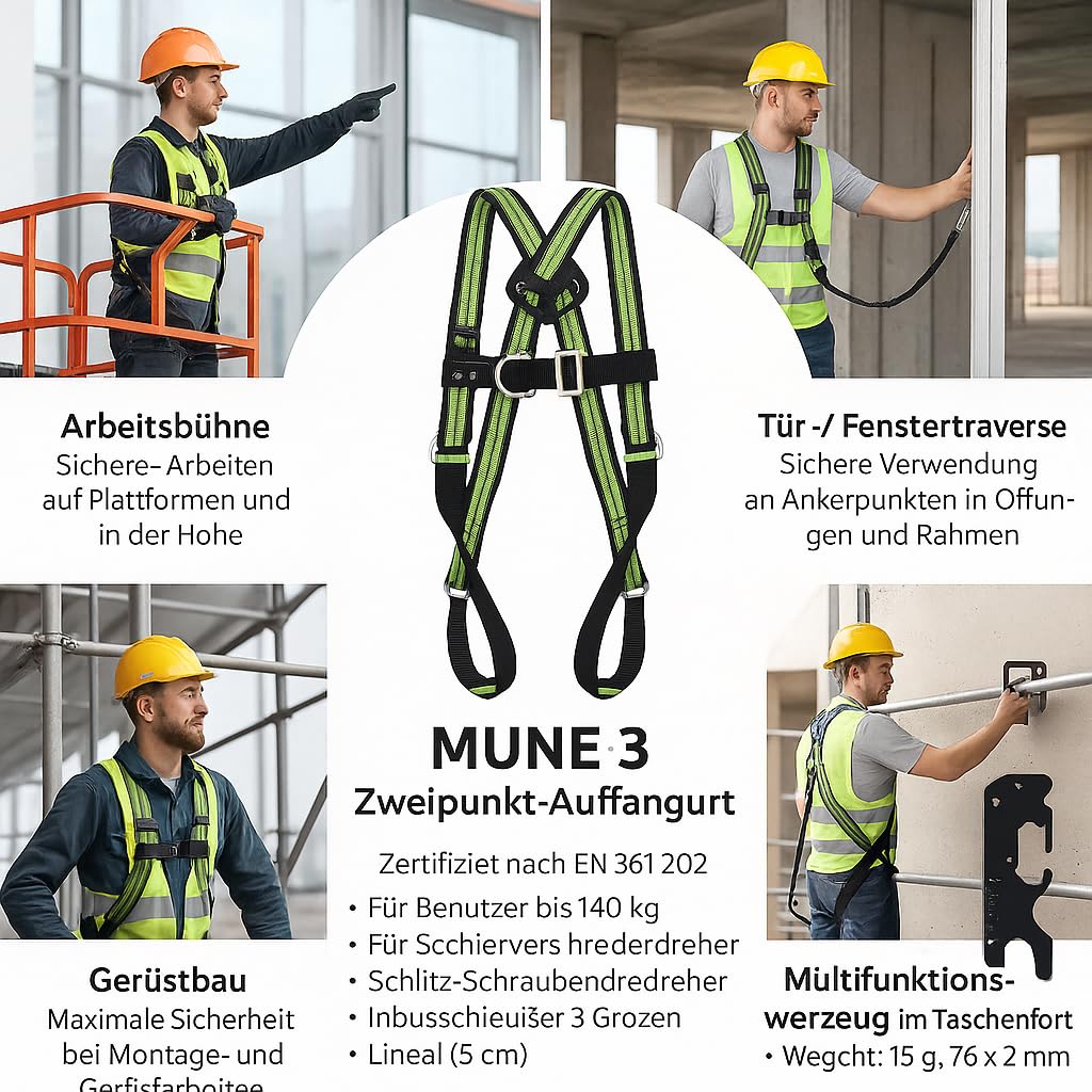Kratos Safety Mune 3 Cinturón de recogida de dos puntos con herramienta multifunción y 5 hebillas de ajuste EN 361