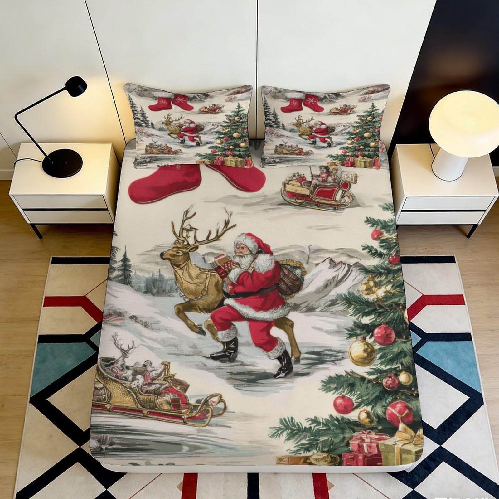 Jqzkxnhpbr Style-9 3D Printed Christmas Santa Fitted Sheet Microfiber Soft Reindeer Mattress Cover Holiday Bedroom Guest Room Decor Protection 90X200x25cm