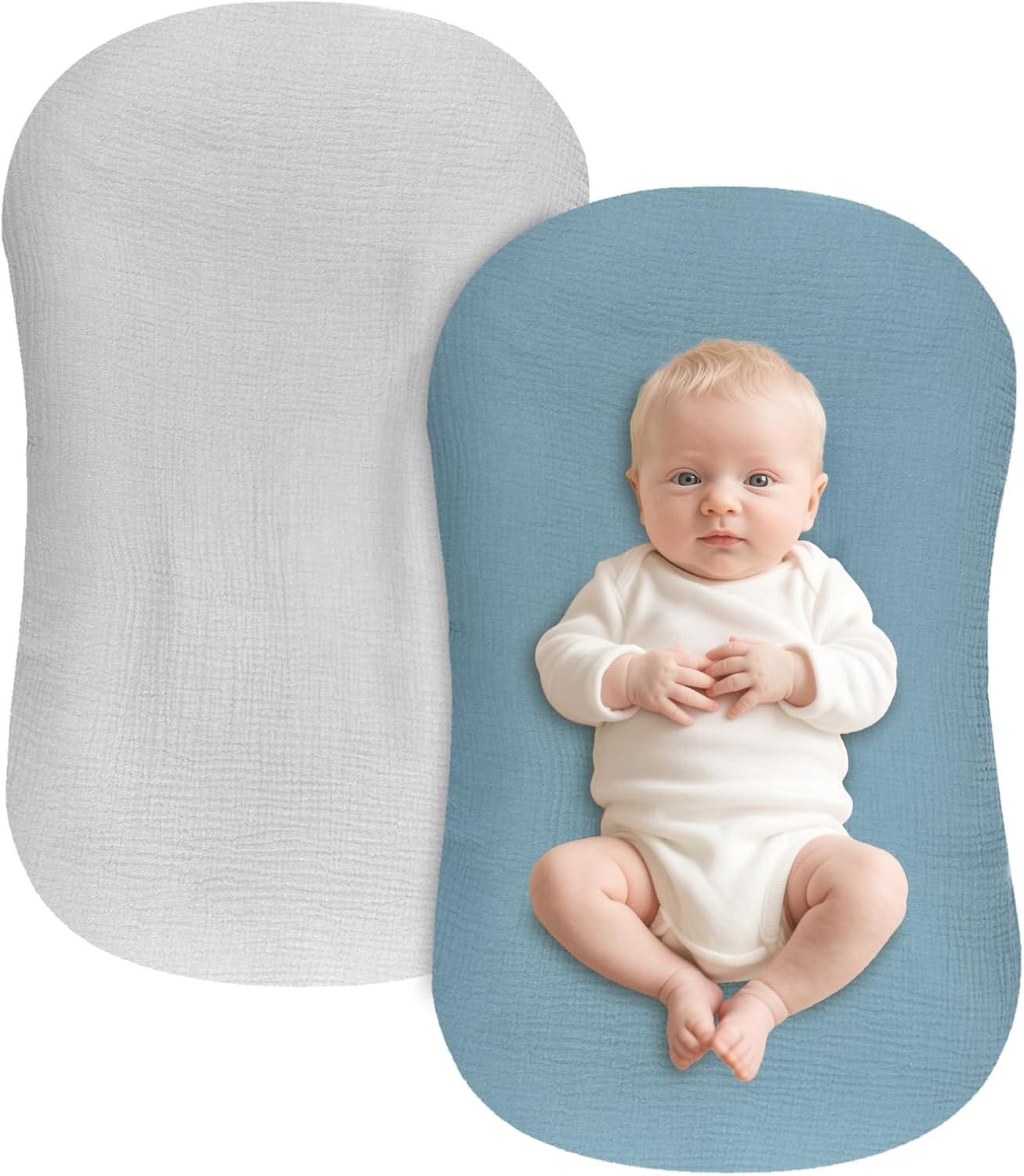 Hooyax Muslin Baby Lounger Cover 2 Pack - 100% Breathable Cotton Soft Infant Lounger Covers, Fits Most Standard Newborn Loungers & Pillows (Blue, Grey)