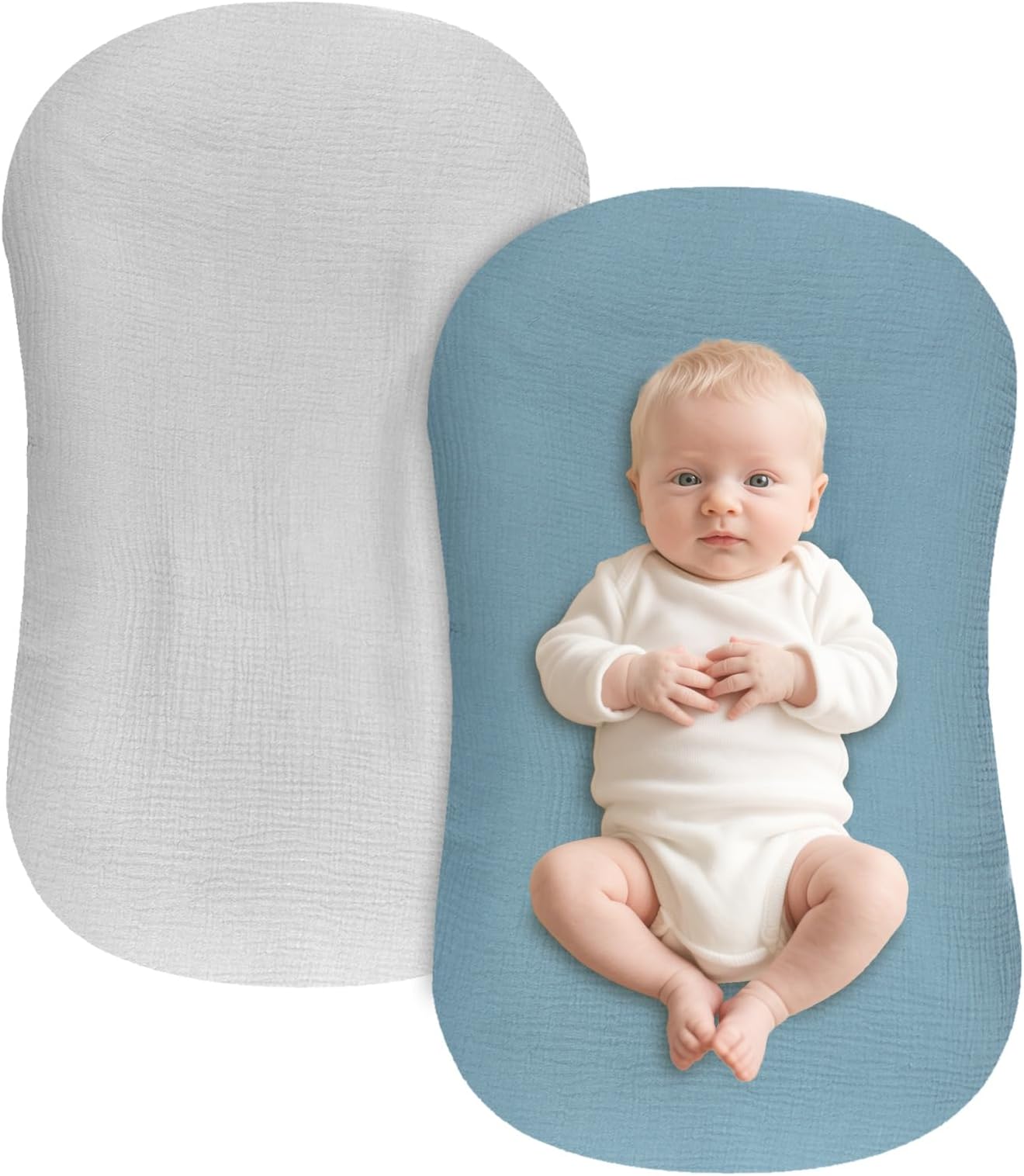 Hooyax Muslin Baby Lounger Cover 2 Pack, Organic Cotton Removable Slipcover for Newborn,Baby Padded Lounger Infant Floor Seat Cover for Boys Girls (Blue Gray)