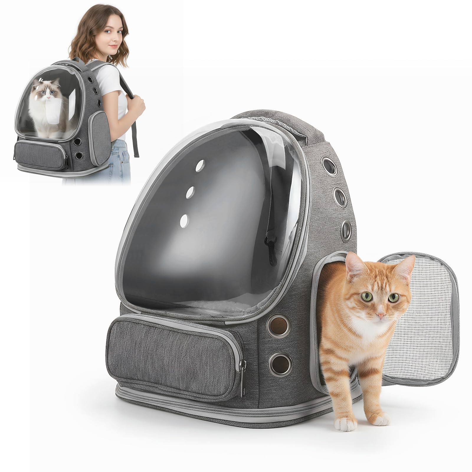 Sac à Dos pour Chat Bulle Transparent, Sac de Transport pour Animal - Sac Portable et Pliable pour Chien/Chat jusqu'à 5kg, Respirant et Léger pour Vétérinaire, Voyage (Gris, 42x34x27cm)