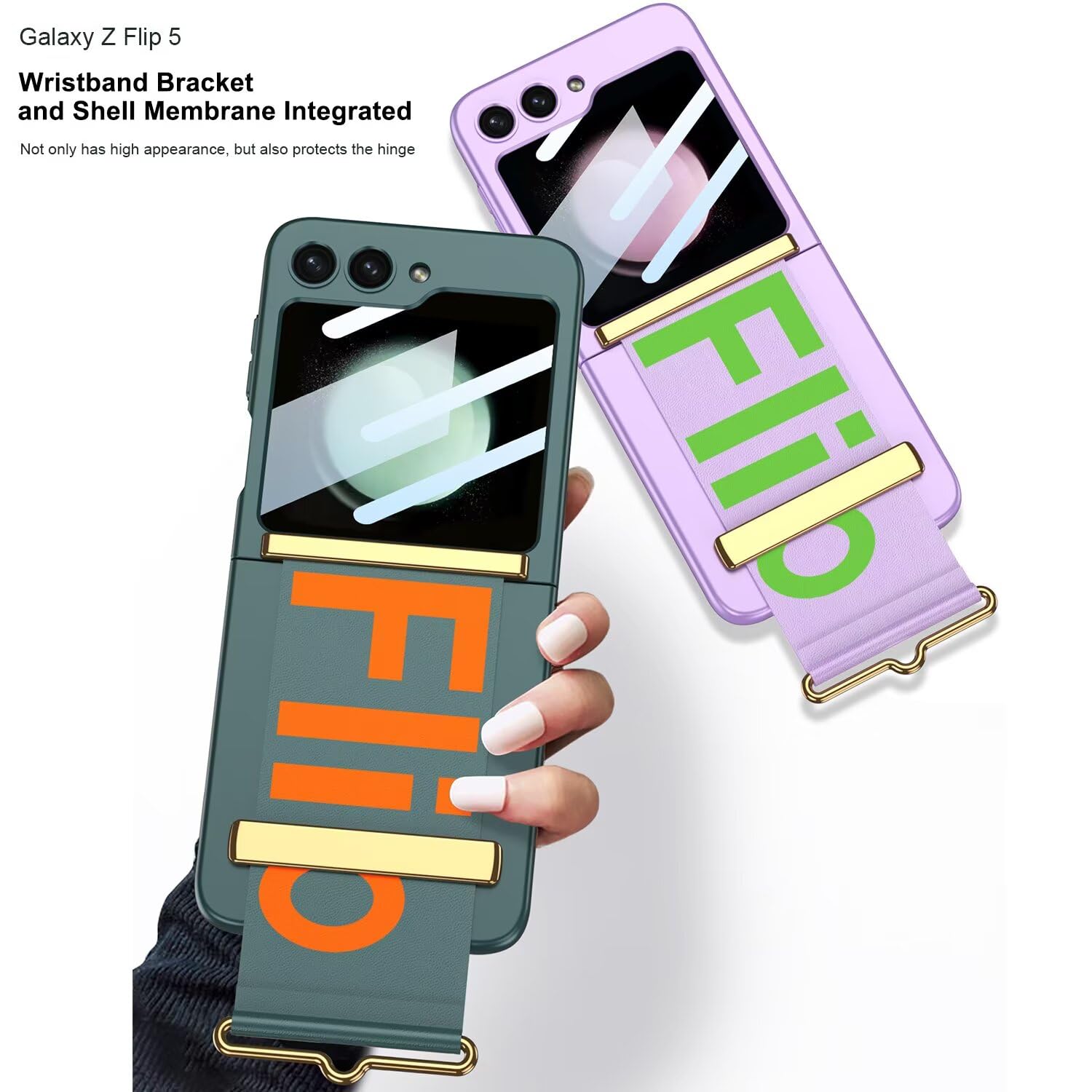 Jeelar ESONG Handyhülle für Samsung Galaxy Z Flip7 mit Leder-Armbandhalter,Ultradünne Handschlaufe Hart Schutzhülle mit Ständer,PC Kratzfest Stoßfest Case mit Displayschutzfolie/Scharnierschutz-Lila