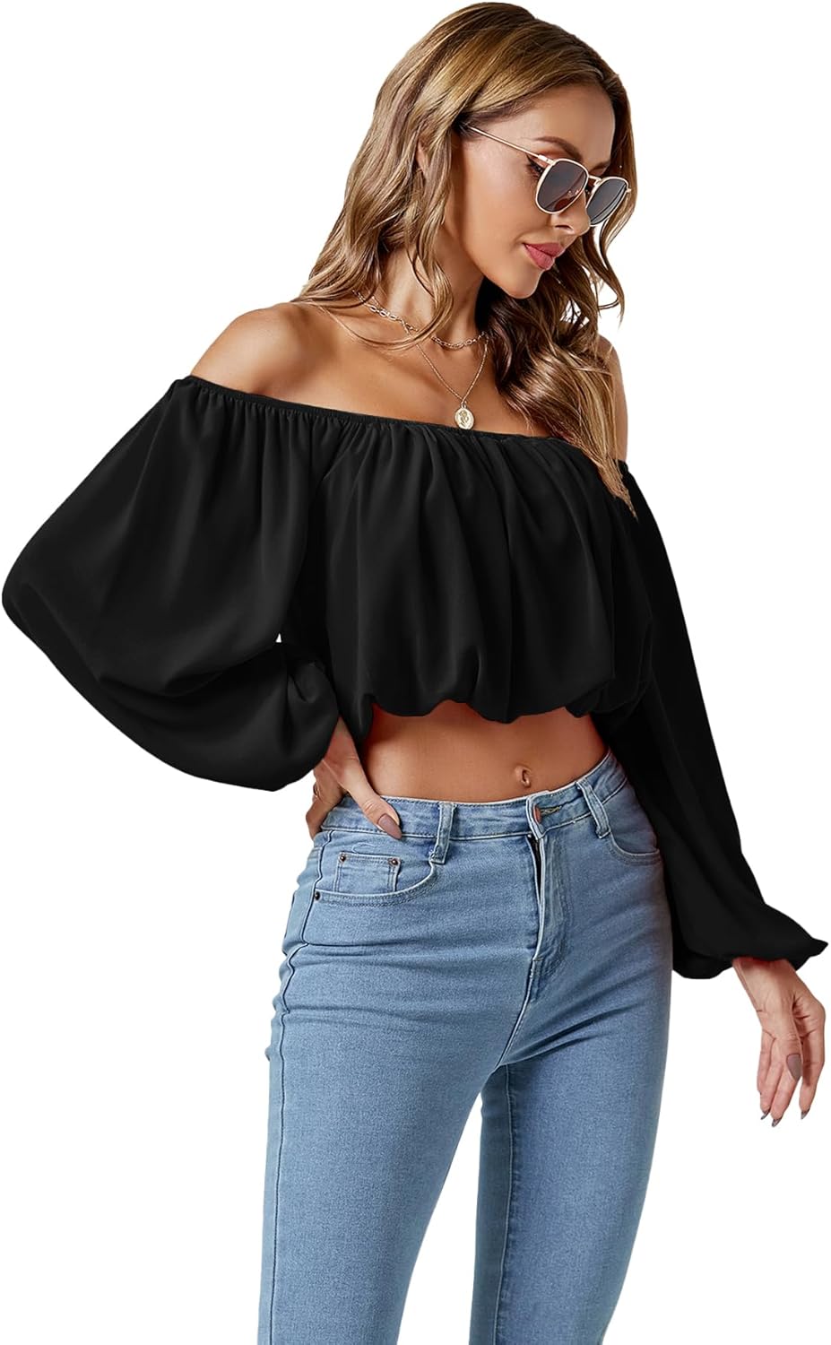 Umenlele Women’s Casual Off Shoulder Ruched Lantern Long Sleeve Crop Top Blouse Shirt - Image 3