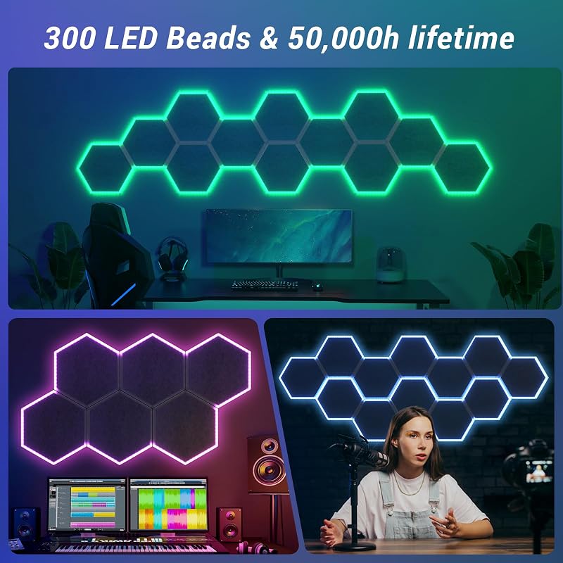TONOR RGB Akusztikai Panel Szett 12db - 32x28x1,2cm Öntapadós Hangszigetelő Lapok Applikációval Vezérelhető Világítással - Stúdió, Podcast,
