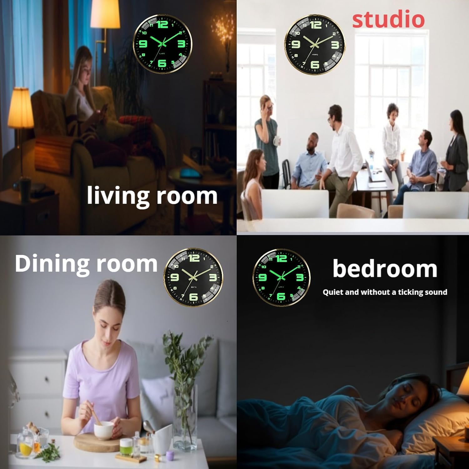 12-inch wall clock, powered by AA batteries (batteries not included), silent operation, large font for easy reading at night, metal frame, suitable for living room, bedroom and children's room