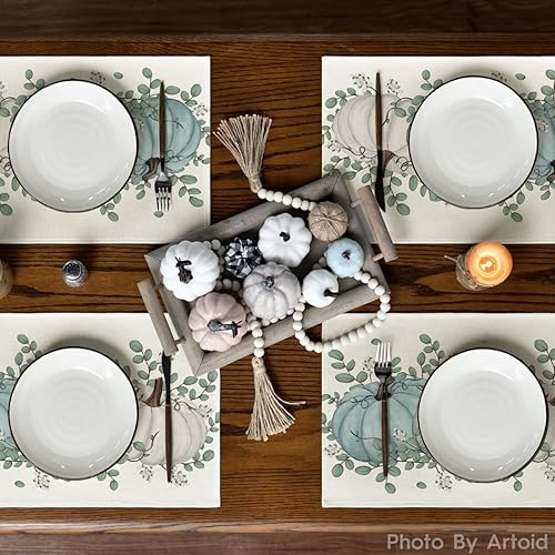Miniatura 3 de Artoid Mode Juego de 6 manteles individuales de otoño con hojas de eucalipto y calabazas, 12 x 18 pulgadas, para decoración de fiestas, cocina,