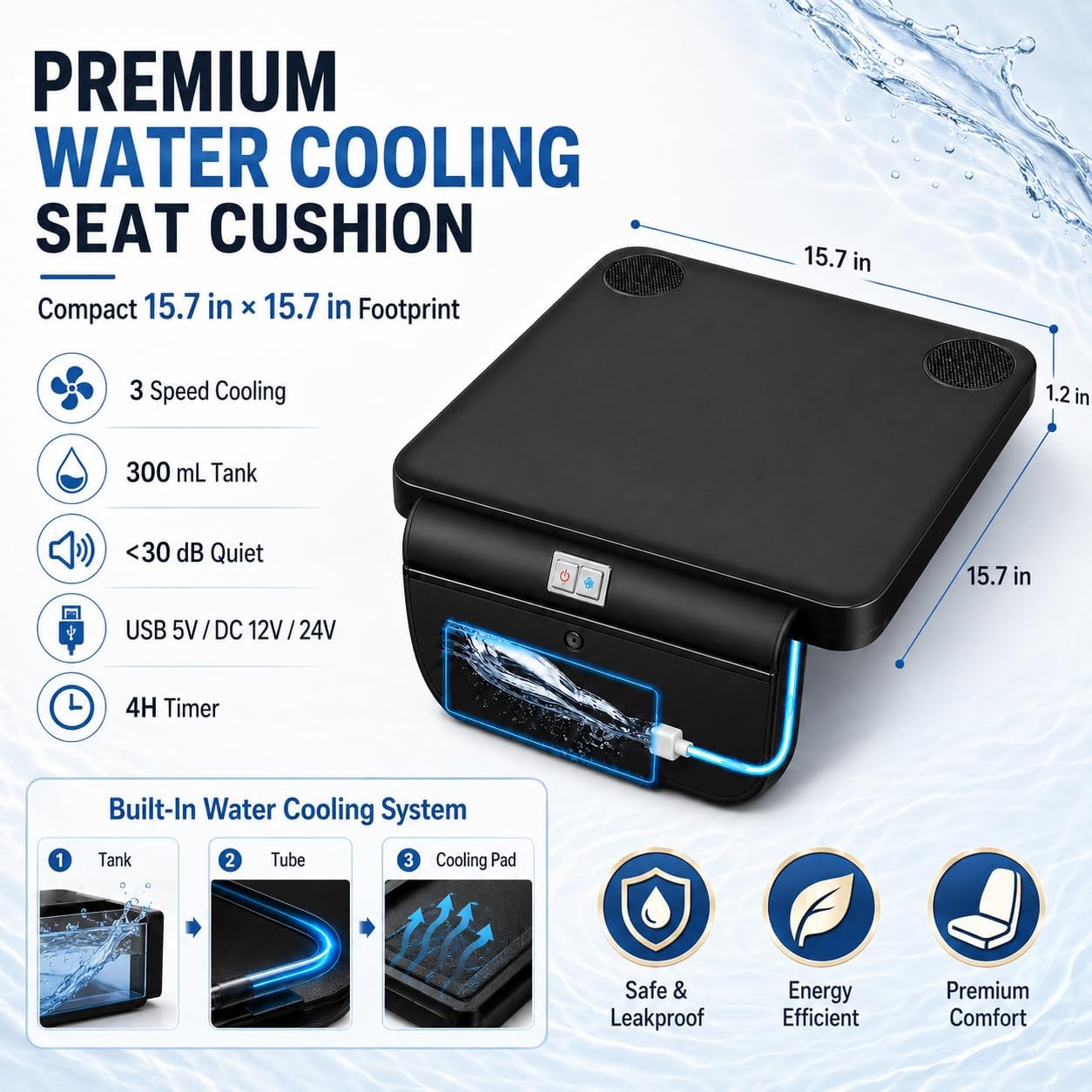 Water Cooling Seat Cushion for Car Seat & Office Chair, 3-Speed for Long Sitting, Truck Driver, Wheelchair, Travel & Stadium, USB & 12V/24V,Continuous Cooling to Around 80°F, Gift for Father, Dad