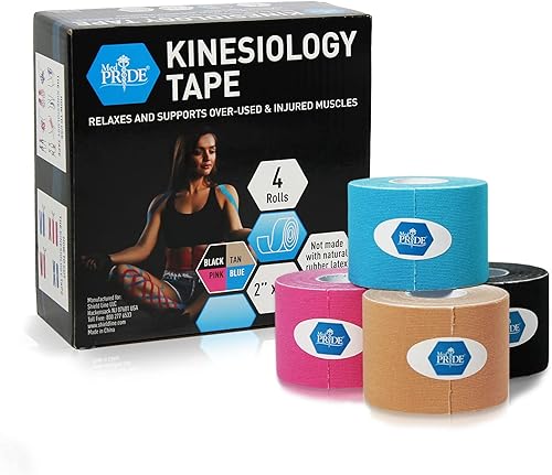 MED PRIDE Paquete de cinta de kinesiología sin látex, 4 rollos sin cortar (2 pulgadas x 16.4 pies) Cinta deportiva terapéutica para el dolor de