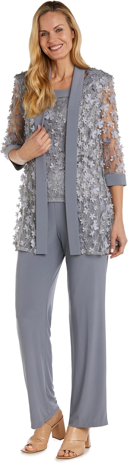 R&M Richards Women's 2-Piece 3D Flower Embellished Mesh Mock Top & Ity Pant Set - Formal Evening Cocktail Party