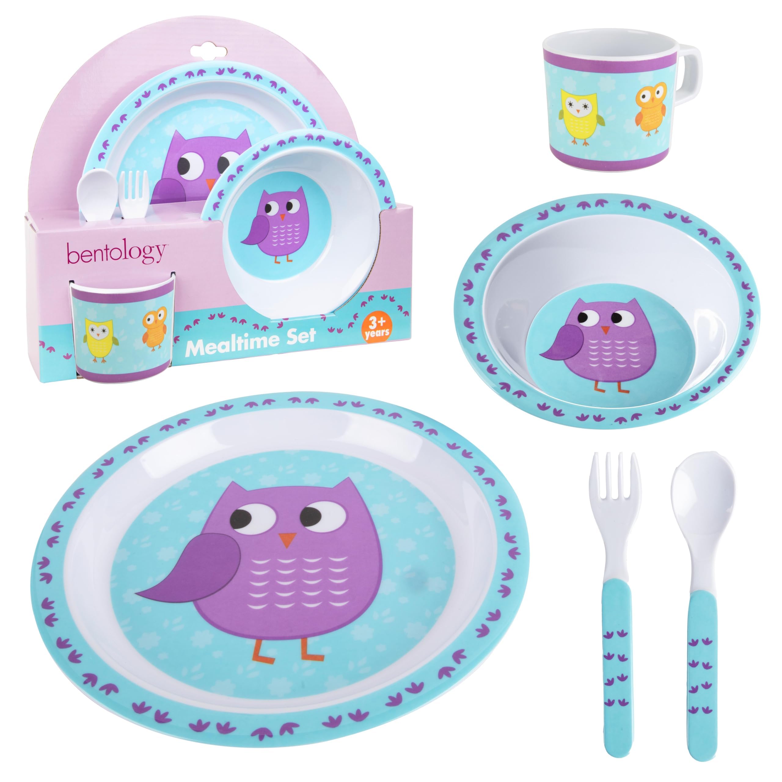 Bentology 5 Pc Mealtime Set for Kids -Owl Theme - Includes Raised Edge Plate & Bowl, Cup, Fork & Spoon- Dishwasher Safe, BPA Free- Cute Dish, Easy