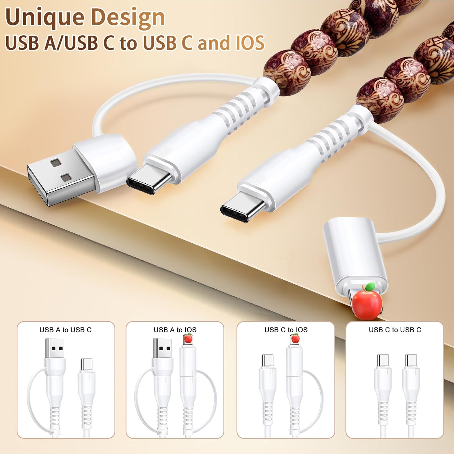 Aolcev 4 in 1 USB C Cable Multi Beaded for iPhone Charger Cord for iPhone 17 16 15 Pro Max 3.3FT Fast Charging Cable 66W USB A Type C iOS Cable for iPhone 14 13 Pro Max Galaxy S25 Wooden Brown - Image 3