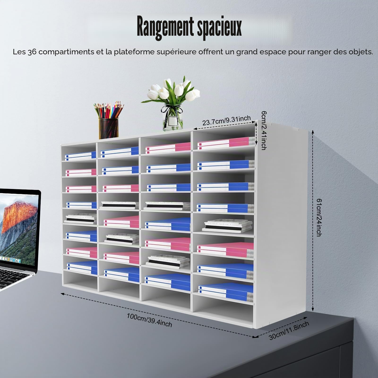 Organiseur de bureau, 36 compartiments pour documents, grand bac à courrier, organisateur de bureau, bacs de rangement pour bureau, porte-dossiers pour la maison, système de rangement 61