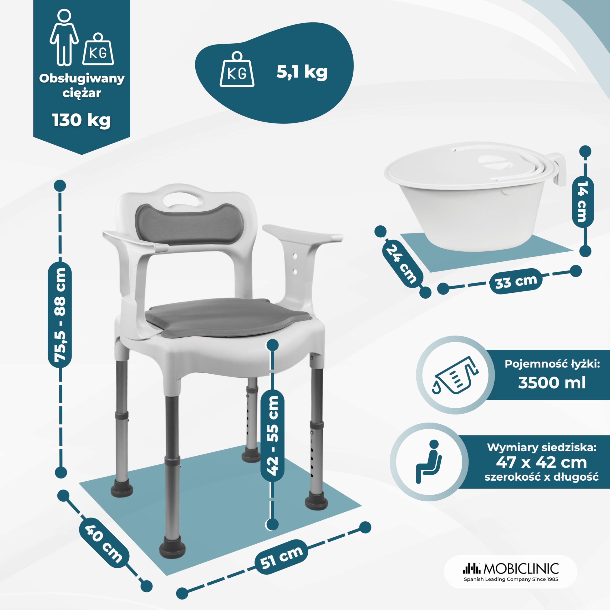 Mobiclinic®, Krzesło Toaletowe, do Kąpieli i pod Prysznic, 3 w 1, 6-stopniowa Regulacja Wysokości, Wyjmowany Pisuar 3,5L, Poduszki na Siedzisko i Oparcie, Antypoślizgowe Nakładki, Guido