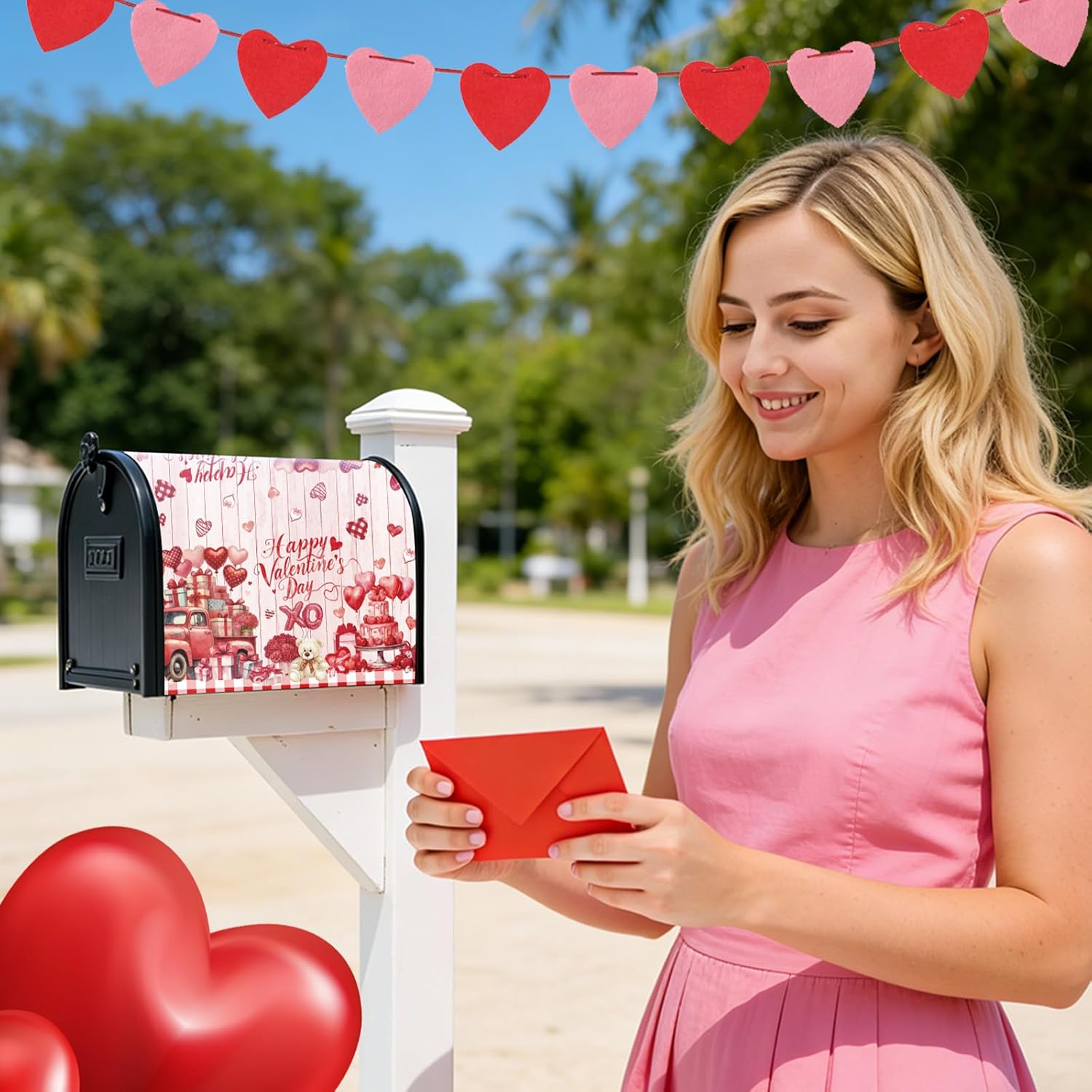 Valentines Mailbox Covers Magnetic Standard Size 18" X 21" Happy Valentine’s Day Mailbox Wraps Post Letter Love Hearts Rose Box Cover for Holiday Garden Yard Decor