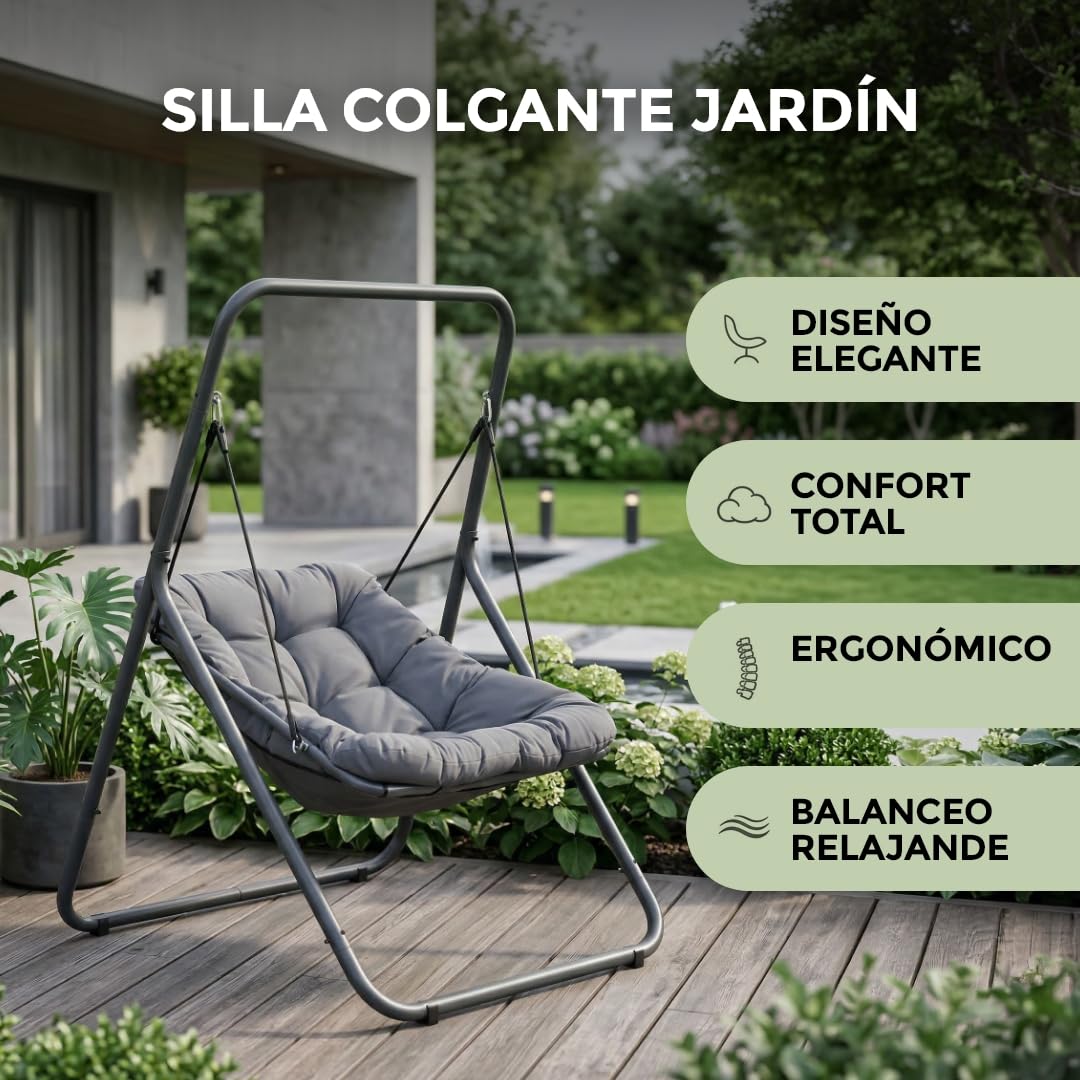 HAPPERS Silla Colgante Jardín Exterior | Sillón Columpio con Soporte | Mecedora de Terraza Balancín - Gris