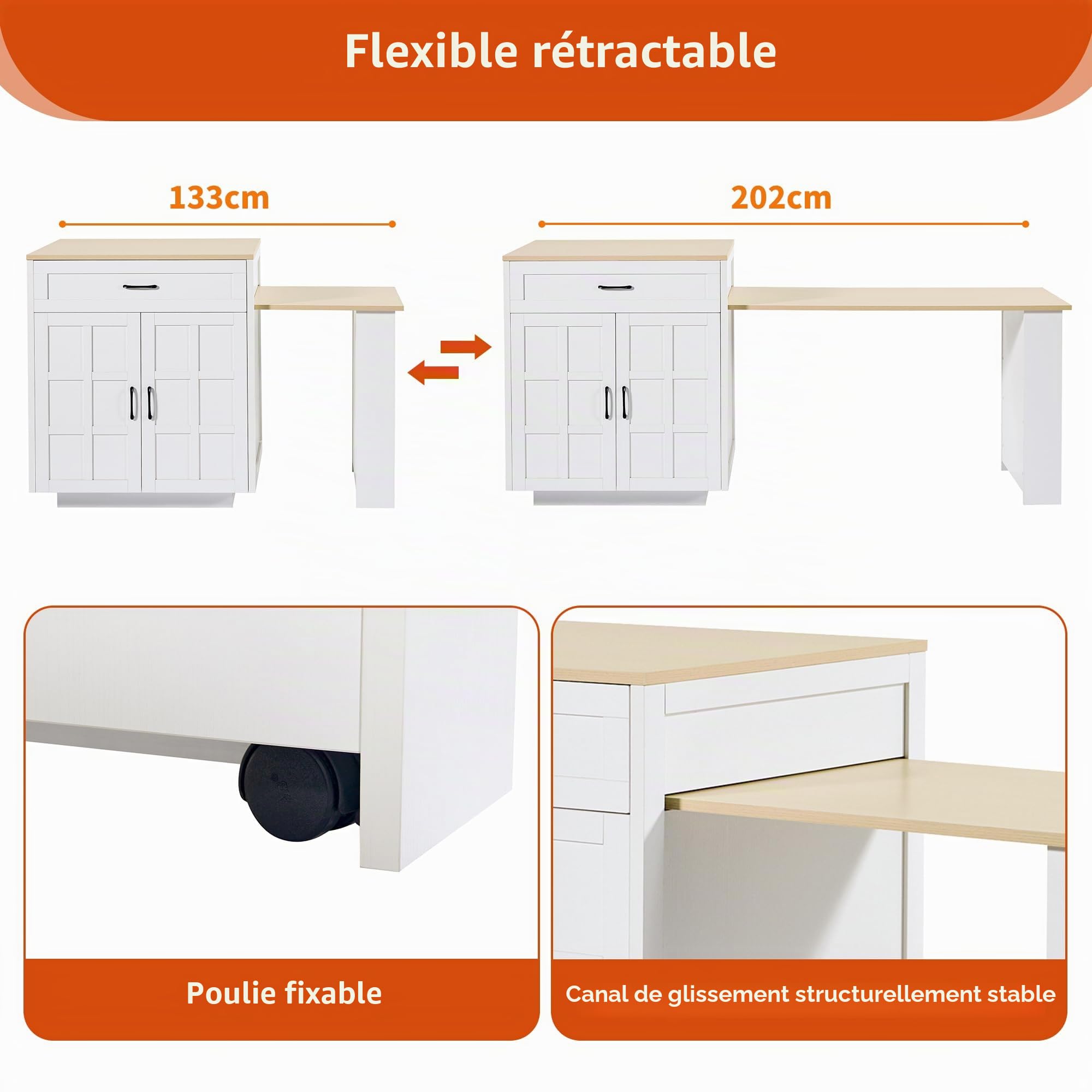 Table de bar extensible avec espace de rangement (133-202 x 70 x 93,5 cm), avec deux tiroirs et quatre compartiments, îlot de cuisine, table extensible, pour 2 à 6 personnes, chariot de cuisine