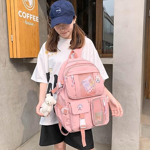 Miniatura 3 de Mochila Kawaii con colgante de oso, bolsa escolar de lona estética para estudiantes, bolsa de hombro, mochila casual para el regreso a clases (rosa)