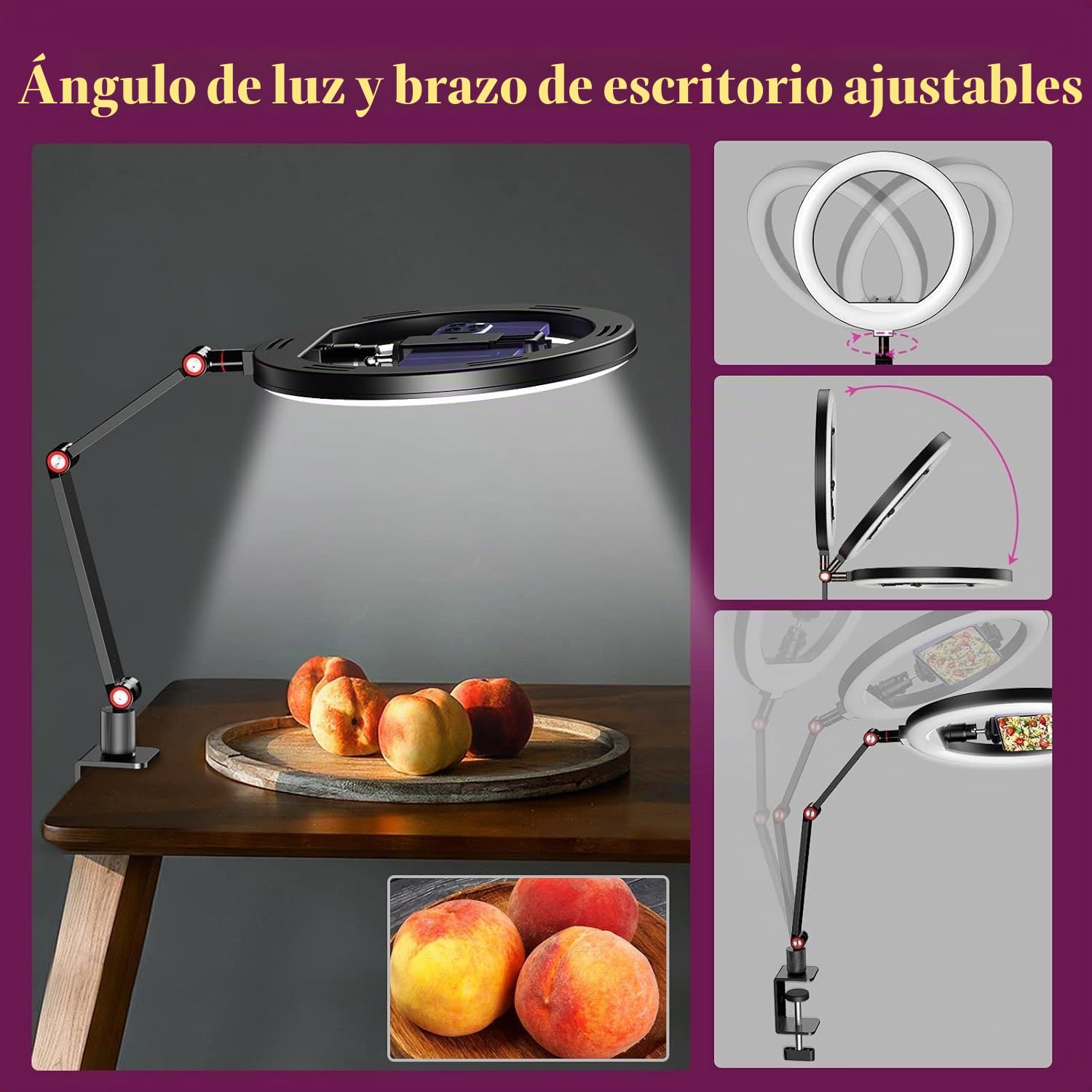 10 '' Luz de Anillo para Escritorio con Soporte y Soporte, luz de Anillo de trípode Superior, luz de videoconferencia con Soporte de Brazo de Escritorio Ajustable para Youtube, TIK Tok