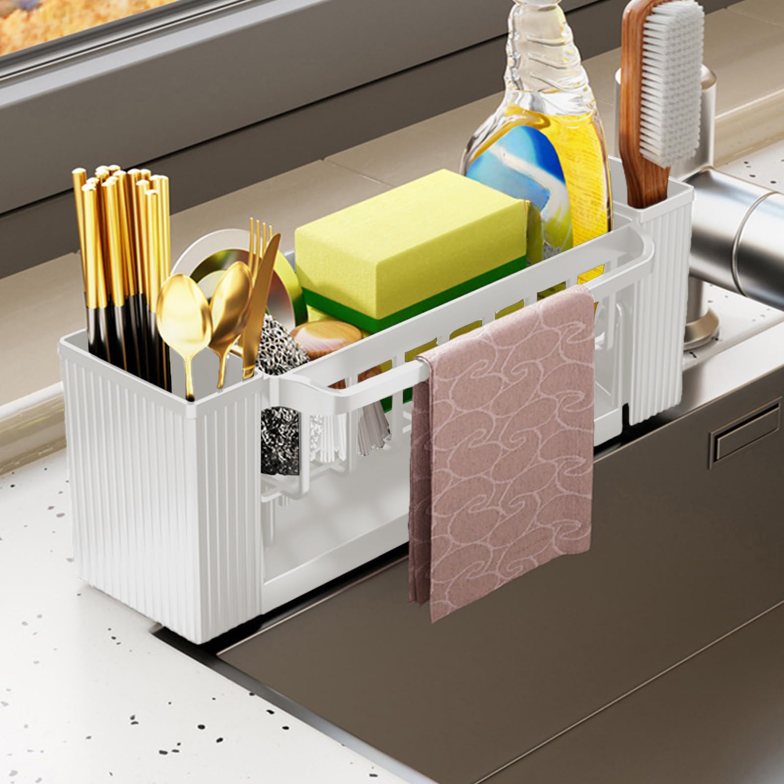 Kitchen Sink Caddy Organiser,Self Draining with Removable Sponge Holder with Brush Holder,Detachable Towel for Countertop Storage & Organisation (Beige)