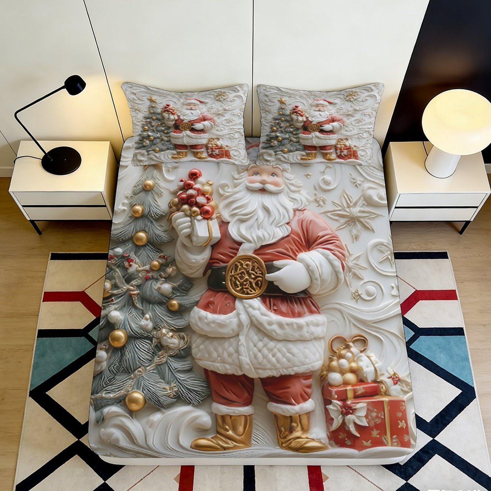 3D Printed Santa Claus Fitted Sheet Microfiber Soft Breathable Christmas Tree Bed Cover for Bedroom Dormitory Guest Room Protection Decoration 120x200x25cm