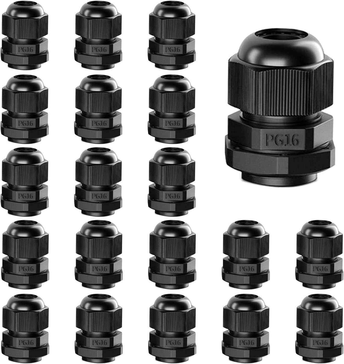AMPELE Cable Gland 20 Pack PG16 Waterproof Adjustable 10-14mm Nylon Cable Glands Connectors with Gaskets, Black(PG16)