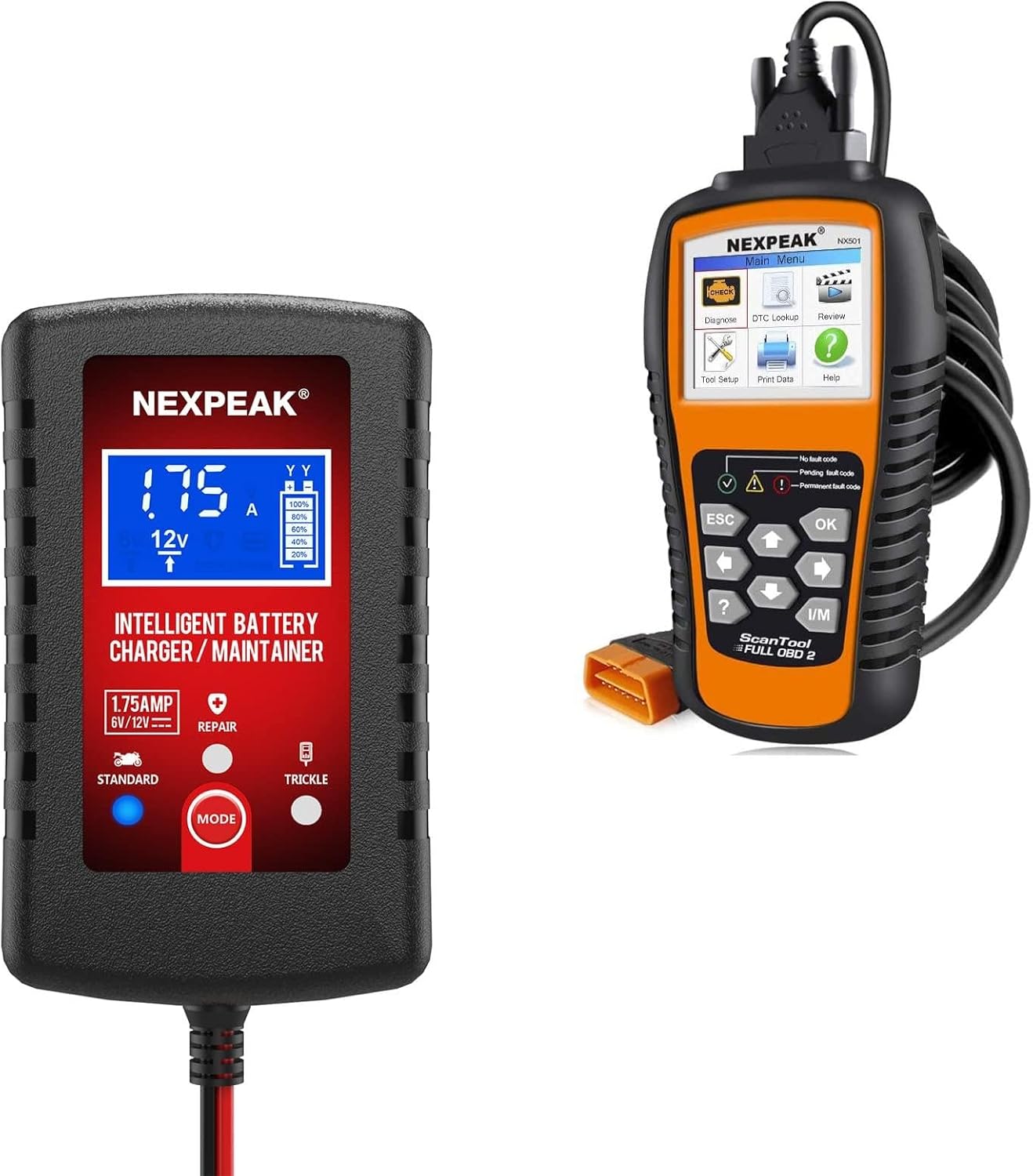1.75-Amp Car Battery Charger, 6V and 12V Smart Fully Automatic Battery Charger Maintainer with NEXPEAK OBD2 Scanner…