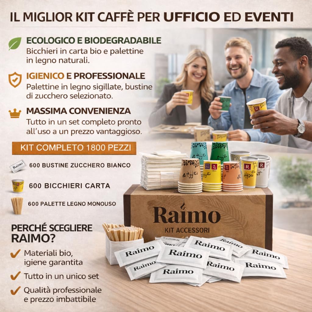 Kit 1800 Accessori Caffè Completo - 600 Bicchierini Carta Biodegradabili 75 ml + 600 Palettine in Legno Monouso + 600 Bustine di Zucchero Extra Fine, Set Pausa Caffè per Casa, Ufficio ed Eventi