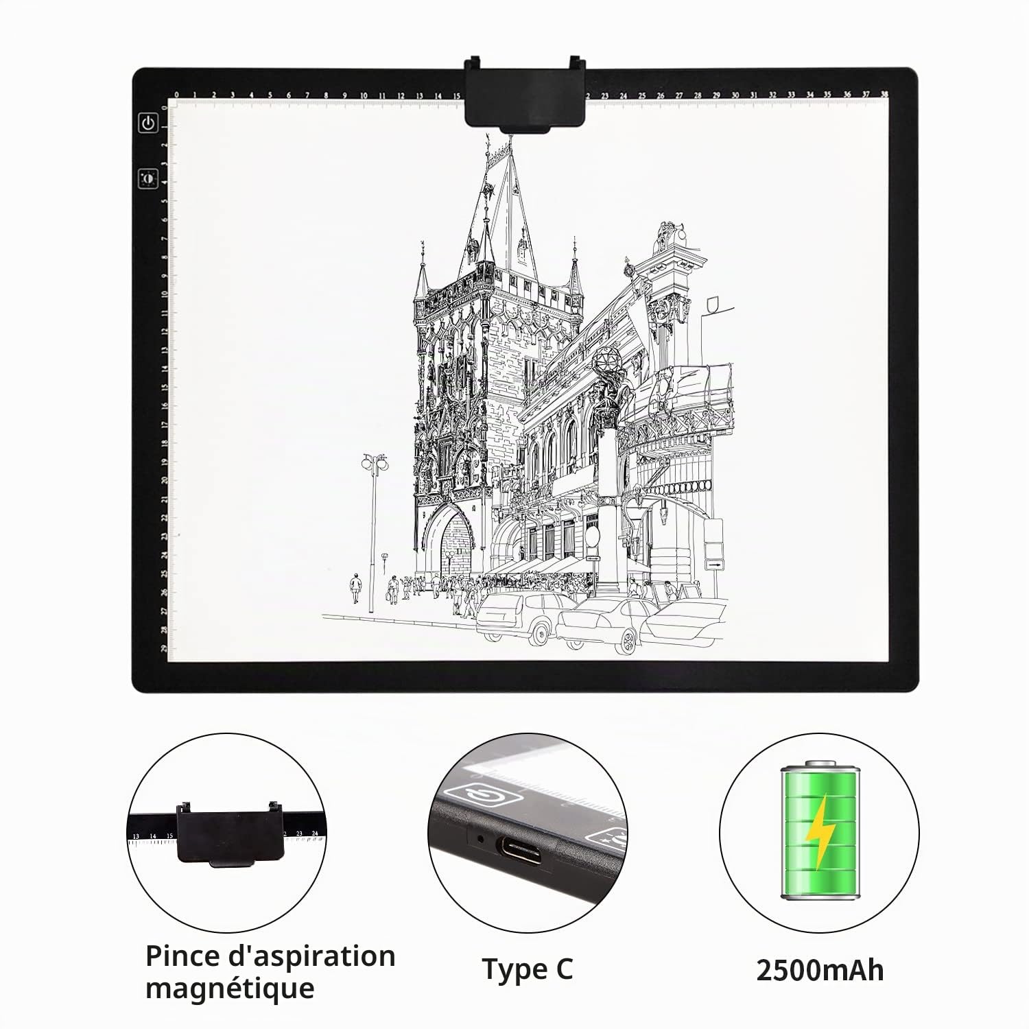 Tablette lumineuse a3 rechargeable avec sac&Support, 3 couleurs dimmables et 6 niveaux de gradation table lumineuse a3 pour le dessin, diamond painting, la peinture, la visualisation aux rayons X