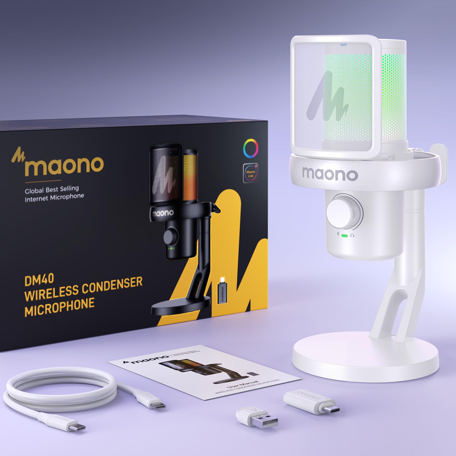 MAONO Microfono Inalambrico para PC, Microfono PC con Software de Cambiador de Voz con IA, Cancelación de Ruido, EQ Personalizado, Luces RGB Ajustables para Juegos, Podcasting, Streaming, DM40 Blanco