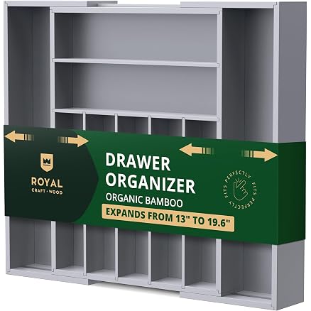 ROYAL CRAFT WOOD Luxury Bamboo Kitchen Drawer Organizer - Silverware Organizer - Utensil Holder and Cutlery Tray with Grooved Drawer Dividers for Flatware and Kitchen Utensils (9 Slot, Brown Bamboo)