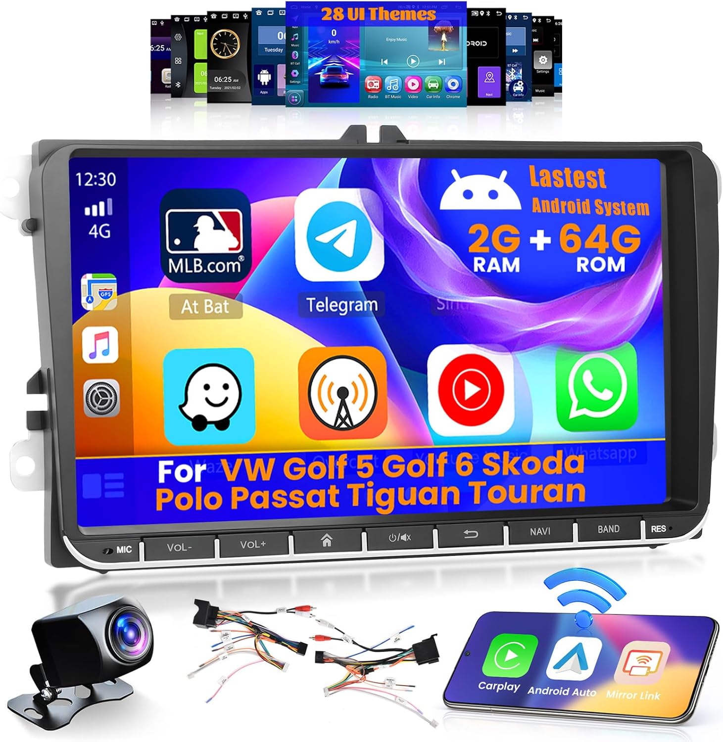2+64G Android 15 Radio Screen for VW Golf 5 Golf 6 Skoda Polo Passat Tiguan Touran with Wireless Carplay Android Auto 9 Inch Touch Screen Car with Bluetooth/Navi/FM/RDS/WiFi