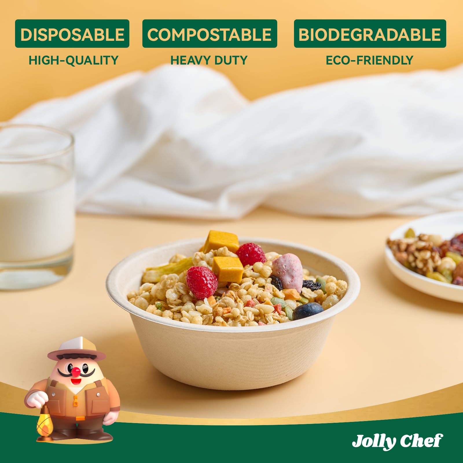 JOLLY CHEF Tazón de papel desechable compostable [16 onzas] recipientes de sopa resistentes [paquete de 150] Bagazo biodegradable, caliente y frío, ecológico, natural, caña de azúcar para microondas