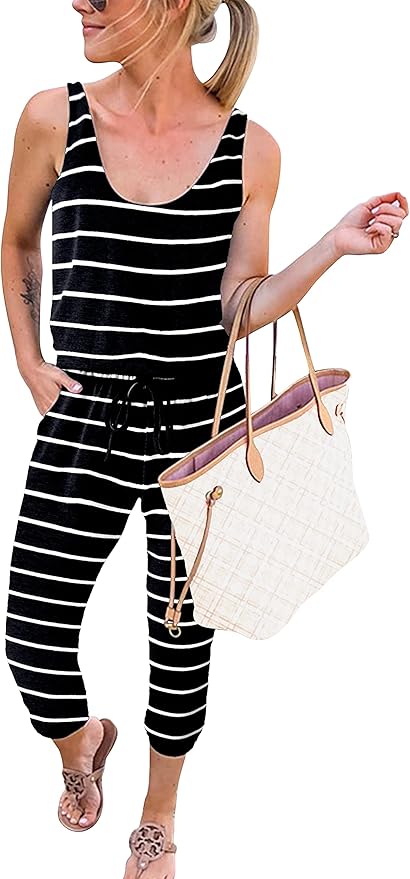 ANRABESS Women's Causal Tank Jumpsuits Sleeveless Drawstring Elastic Waist Loose Summer Romper Outfits with Pockets