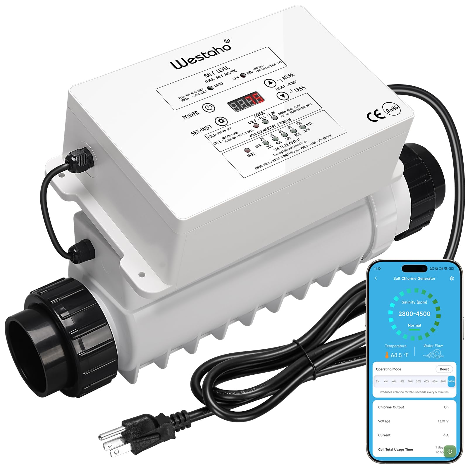 Photo 1 of WiFi Salt Chlorine Generator, Westaho Salt Chlorination System with APP Remote Control, USA Titanium Cell, Designed for In-Ground Pools Up to 40,000 Gallons, IP66 Waterproof