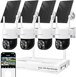 XMARTO 100% Wire-Free Solar PTZ Home Security Camera System Wireless, 4-Set 2K 4MP QHD CCTV Camera Kit with 4K 10CH Expandable WiFi NVR and Past 90-Day Video Storage, All-Weather Solar Charge asin的图片
