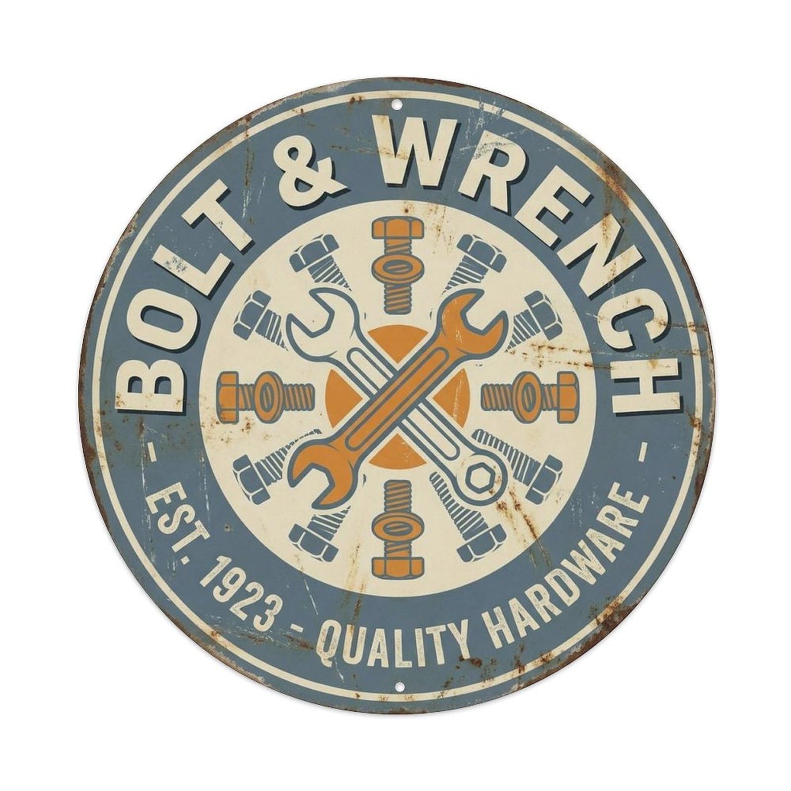 Bolt Wrench Tool Culture Retro Badge Old School Garage Workshop Metal Tin Sign Plaque Wall Decor for Cafe, Man Cave, Club Bar, Office, Home Garden Round Metal Poster 8x8Inch