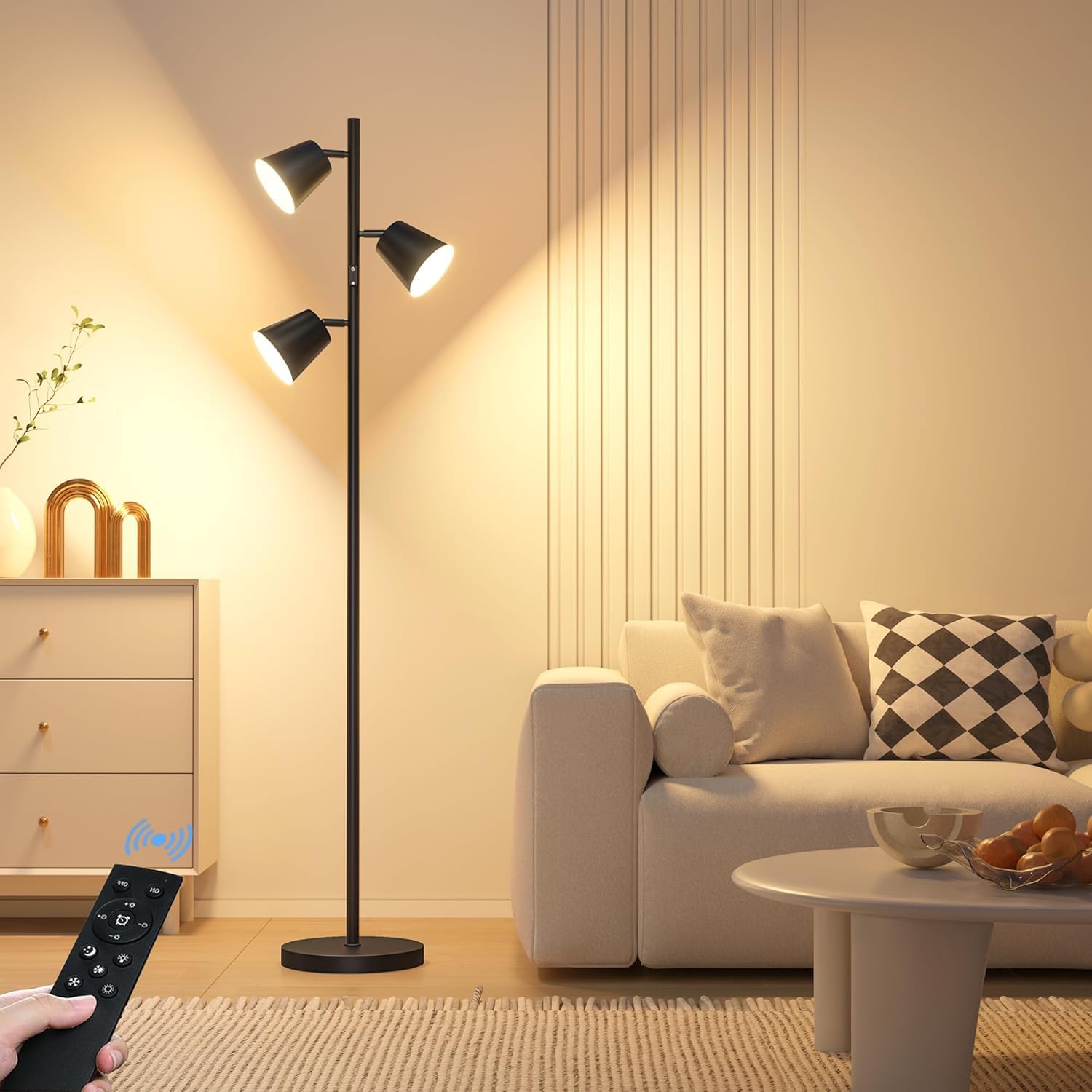 【Upgraded】LED Tree Floor Lamp, 36W Dimmable 2500 LM Modern Standing Lamp with Remote & Touch Control, 4 Color Temperatures, 3 Rotatable LED Light Floor Lamps for Living Room Bedroom Office-Matte Black