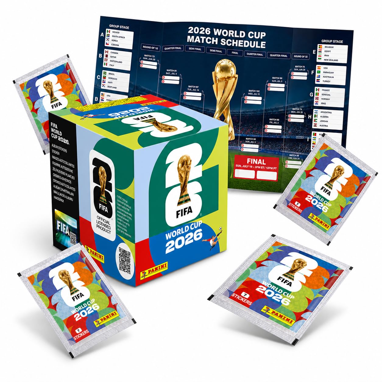 Panini WM 2026 Adhesivos y Plan de Partidos Set - para el Mundial de Fútbol 2026 - Tarjetas de fútbol para coleccionar incl. plan de partidos (25 bolsas / 175 sobres de pegatinas)
