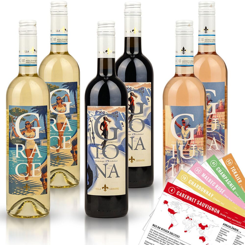 Villa Geissini Wein Jetset-Set Probierpaket M + VINOX Winecards