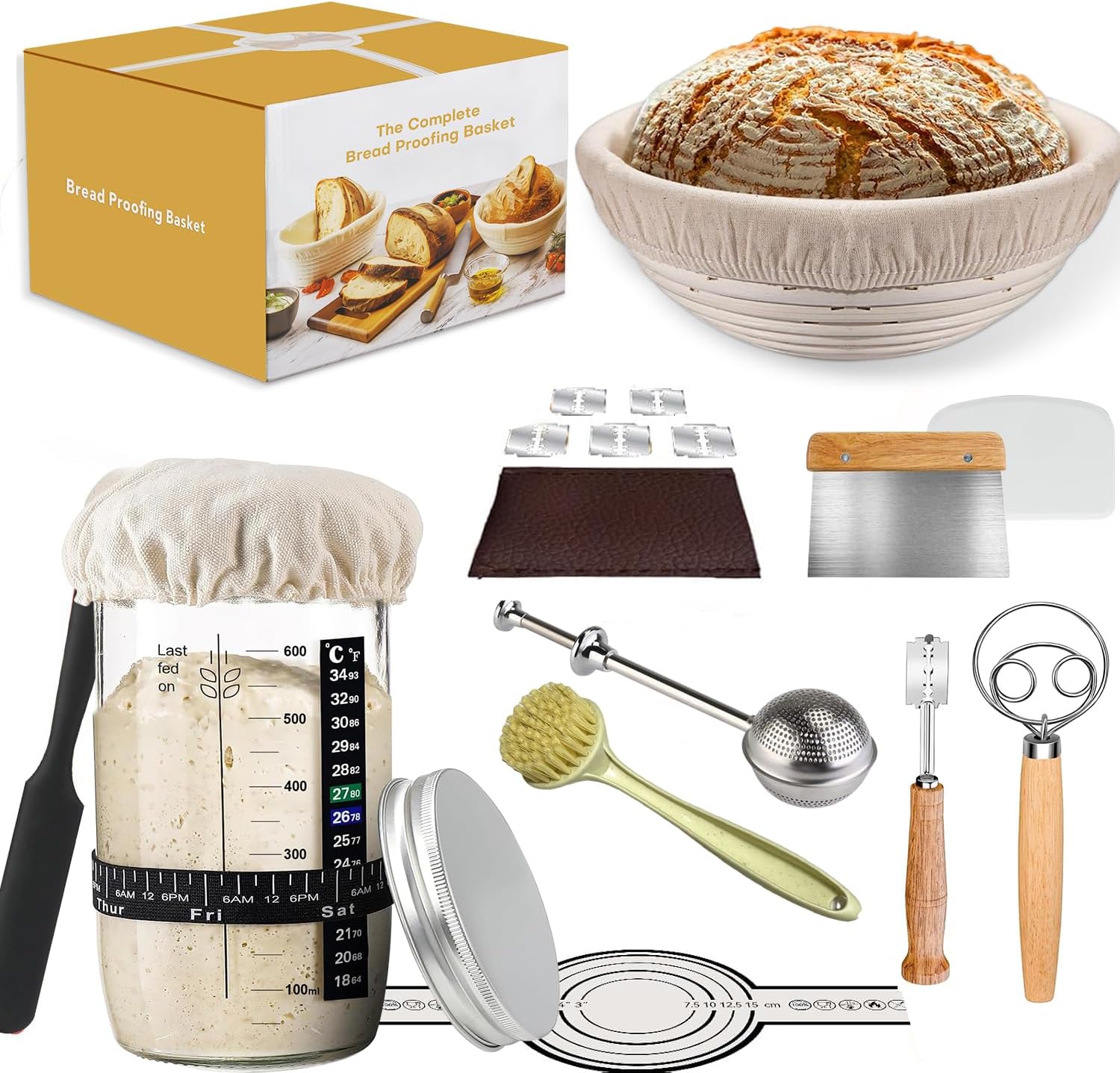 Sourdough Starter Kit, Sourdough Kit Include Banneton Proofing Basket, Sourdough Starter Jar, Bread Lame, Dough Scraper, Dough Whisk Scraper and Silicone Bread Sling