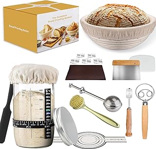 Kit de Départ pour Levain Naturel, Kit de Levain Comprend Panier de Fermentation Banneton, Pot à Levain, Lame à Pain, Râcle à Pâte, Fouet à Pâte et Porte-Pain en Silicone